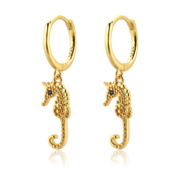 Sterling Silver Gold SeaHorse Hoop Earrings - Picture 5 of 5